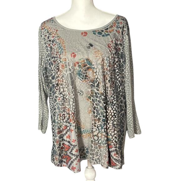 Ali Miles Top Size 1X Layered Mesh Animal Print Aztec Gray Boho Artsy Semi Sheer - Picture 8 of 8